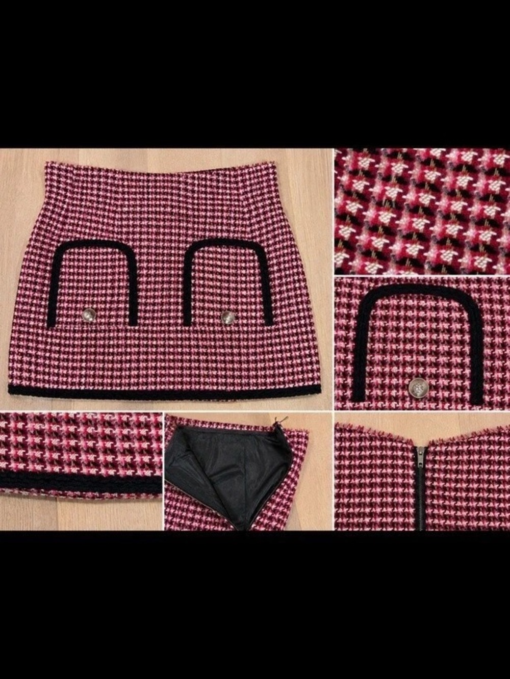Maje Red & Black Checkered Mini Skirt